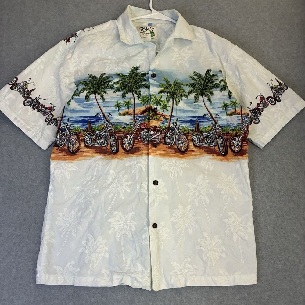 Men’s Hawaiian Motorcycle Button Up Shirt Palm Trees Beach Chopper Size M